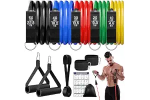 Fokky Gomas Elasticas Musculacion 150LBS, 5 Niveles de Bandas Elasticas | Bandas elasticas musculación para pilates, yoga, cinta elastica ejercicios con anclaje de puerta, manija, correa para tobillo