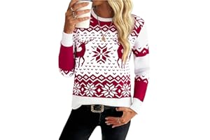 Demegimi Pullover Damen Schneeflocken Weihnachtspullover Rundhals Elegant Strickpullover Herbst Langarm Oberteile Winter Pulli Sweatshirt