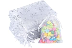 jijAcraft Organzasäckchen Weihnachten Weiß, Weihnachten Organza Beutel 10 x 15 CM, 50 Stück Schneeflocke Organza Beutelchen mit Kordelzug, Bonbons Geschenk Schmuckbeutel