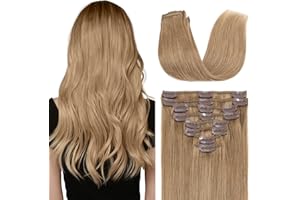 TESS 40 cm Extensiones de Clip de Pelo Natural #27 Rubio Oscuro 8pcs 18 clips 90g Extensiones de Pelo Natural con Clip Cabello Reutilizable Invisible Suave