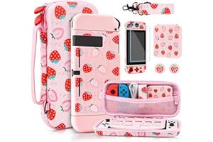 RHOTALL Niedliche Erdbeer-Tragetasche für Nintendo Switch, harte tragbare Reisetasche für Switch-Zubehör mit Schutzhülle, Schultergurt, Spielkartenetui, Displayschutzfolie und 2 Daumenkappen