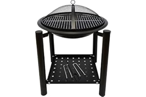 Schallen Garden Outdoor Coal and Wood Burning BBQ Durable Black Steel Free Standing Stand with Bowl Fire Pit with Lid and Shelf