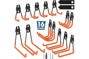 BONTEC 16 Pack Steel Garage Wall Hooks, Heavy Duty Design with U and J Types, Cord Straps, Max Load 439kg Wood/Brick, 188kg Drywall, Bike Wall Mount, Ladder, Shed, Garden Tool Organiser, Orange