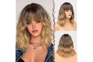 FESHFEN Perruque Ondulés avec Frange Ombre Brun Perruques Bob Nuturelle Longue Cheveux Synthétique Perruque pour Femmes 35cm Racines noires à blond brun