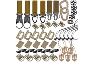 INLAZYTIM 48PCS Tactical Gear Clip Set Molle Webbing Attachments for Backpack Bag Vest Belt with Nylon Strap Hook, D Ring Grimlocks Locking, Web Dominators, Elastic Strings and Molle Accessories (khaki)