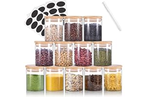 Revivoer Barattoli Portaspezie in Vetro con Copertura di Bambù Set da 12 Barattoli Spezie Contenitori Spezie 175ml in Vetro per Alimenti, Perfetto per la Conservazione di Spezie Erbe e Tè (Circolare)