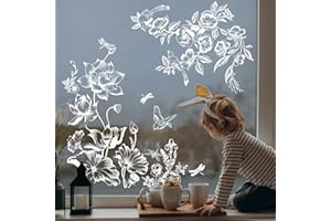 Supzone White Flower Window Stickers Spring Summer Birds Floral Window Clings Anti-Collision Double-Side Static Window Decal for Glass Home Doors