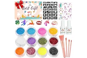 ‎ACEBWHTOY Acebwhtoy Glitzer Tattoo Set Kinder,12 Farben Hautfreundlich Glitzertattoos,22 Stück Temporäre Tattoo Schablonen mit 256 Muster Stencils für Mädchen Jungs,Geschenk für Karnevalsschminke Fasching