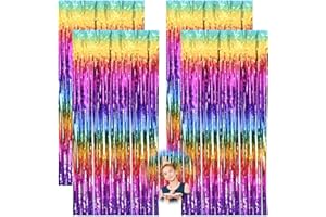 Jeqqinuz 4 Stück Lametta Vorhang Bunt, Metallische Glitzervorhang Fringe Luftschlangen Geburtstag Regenbogen Deko für Carnival Party Bühnendekor, 1m x 2m Lamettavorhang Tinsel Folie