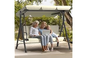 KIDSGIGGLZ Balancelle 3 Places Ergonomique avec Toit réglable｜Balancelle de Jardin Pieds antidérapants, Structure métallique Stable, résistante à l’Eau, Balançoire Extérieur pour terrasse et Jardin｜Beige