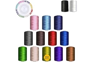 QE'MONO Hilos de coser para maquina y bordados a mano de 850 m colores vivos. 12 Bobinas de hilo Alfa resistentes 100% poliester. Incluye hilo blanco y negro más 40 alfileres.