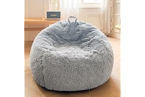 XeGe Fluffy Stuffed Animal Storage Bean Bag Cover(No Filler), Faux Fur Washable Ultra Soft Bean Bag Cover for Plush Toys or Textile,Plush Shaggy Large Beanbag for Adults Kids Teens, Light Grey