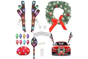 NDLTER Set de Décorations de Noël pour Voiture, Décorations de Voiture Accessoires Extérieurs LED Luminescents, Bois de Renne de Voiture, Couronne de Noël avec Lumières, Autocollant Magnétique Réfléchissant