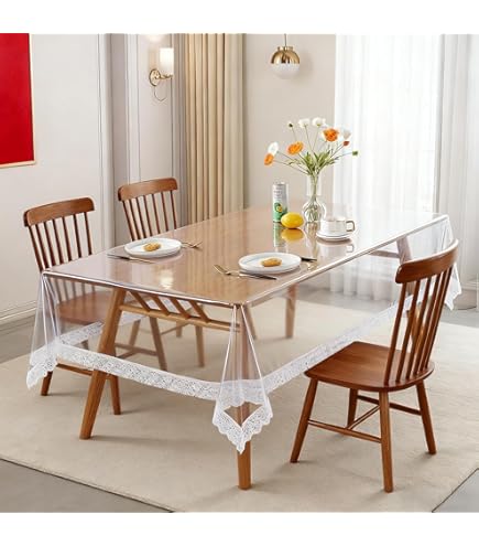 Jotekonoby Tovaglia rettangolare trasparente, in vinile PVC, impermeabile, resistente all'olio, con bordo in pizzo ricamato, per cucina, sala da pranzo, tavolino da caffè (140 x 180 cm