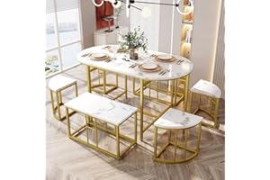 KAYAN Esszimmergruppe mit Esstisch und 6 Essstühlen (4 kleinen Hockers und 2 großen Hockers), Essgruppe für 6 Personen, Esstisch Set für Wohnzimmer Küche, 140 * 70 * 76cm (Gold 1)