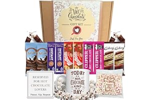 SIMPLY GIFTS & HAMPERS CO Hot Chocolate Gift Set – The Perfect Drinking Chocolate Gift Set with Printed Mug, Coaster and Mini Fluffy Marshmallows - Big Variety with 10 Sachets Included - Perfect for Hot Choc Lovers