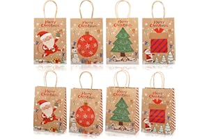 LEMESO 12 Bolsas Regalo para Navidad de Papel Kraft para Niños - Papá Noel, Chuches, Dibujos Animados Lindos Navideños - Decoraciones Con Asa - 4 Estilos