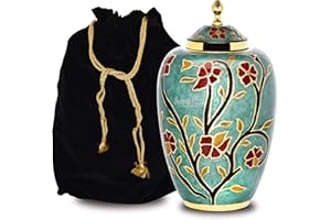 FOREVER URNS - CHERISH THE MEMORIES Forever URNS Adult Cremation Funeral Urn for Human Ashes of Female & Male | 200 cu in | Large | Completely Handcrafted with Velvet Protection Bag (Turquoish Green, Large)