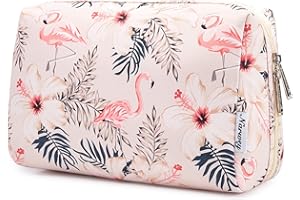 NARWEY Large Makeup Bag Zipper Pouch Travel Cosmetic Organizer for Women (Beige Flamingo, Large)