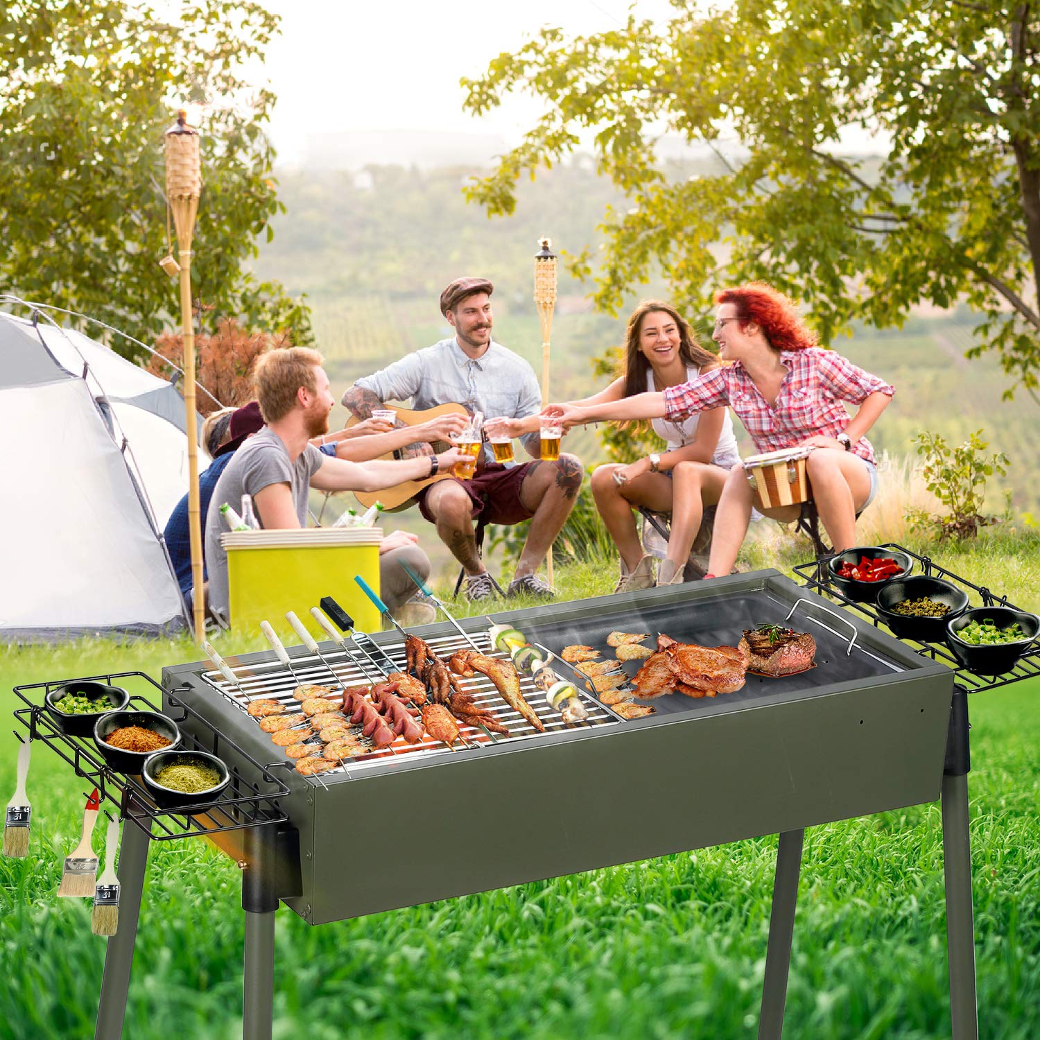 Uten-Holzkohlegrill-BBQ-Faltbare-Grill-Edelstahl-Picknickgrill-mit-Rostfreier-Stahl-BBQ-Drahtgeflecht-Klappgrill-fr-Outdoor-Garten-Camping-Party-Beach-Barbecue-Grn