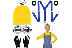 Scinzene Minion Kostüm Set für Erwachsene und Kinder, Gelbes Zubehör mit Brille, Mütze, Handschuhen, Hosenträgern und Knöpfen, Minion Kostüm für Halloween, Karneval und Cosplay
