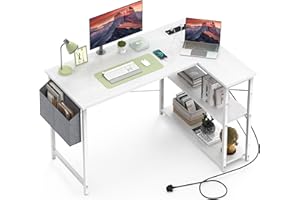 Yornoli L Shaped Computer Desk with Power Outlet, 118CM Corner Office Desk for Small Spaces with Storage Shelves, Study Work Writing Table for Home Office Bedroom, Snow White