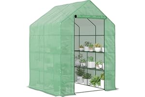 Outsunny Walk in Greenhouse with Shelves Steeple Green House for Garden Grow House Removable Cover 143x138x190cm, Green