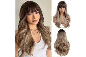 OUFEI Ciemny blond peruka z grzywką, syntetyczne włókna odporne na wysokie temperatury, naturalne długie fale, peruki ombre, dla kobiet, na co dzień, na imprezę