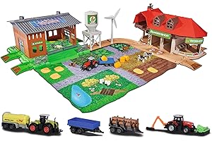 Majorette 212050009 Creatix Big Farm, zestaw do zabawy w gospodarstwie rolnym, w tym 3 pojazdy + 2 przyczepki, traktor, kombajn zbożowy, ładowarka, Die-Cast