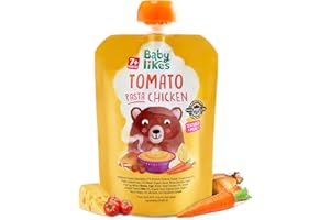 Baby Likes Halal Organic Food Pouches - Stage 2 Baby Puree Tomato Pasta Chicken 12 Pouches x 130g, Suitable for 7+ Months