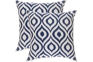 TreeWool - Pack de 2 - Ogee Ikat Acento Decorativo Fundas de cojín, 100% algodón (40 x 40 cm / 16 x 16 Pulgadas, Azul Marino)
