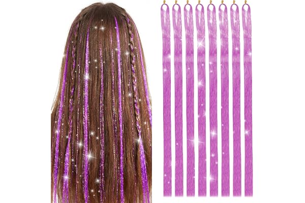 8-pack Lila Hårglimmer för Barn och Kvinnor, 120 cm Långa Raka Glitterhår-slingor, Fairy Hair Tinsel för Festival, Fest och Cosplay