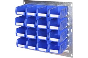 Bin Kit 4-457mm x 457mm Heavy Duty Wall Mounted Galvanised Steel Louvre Panel with Rhino Tuff Plastic Parts Bins - Ideal Garage & Workshop Storage