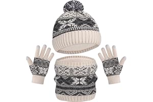 AOTOW Ensemble Bonnet écharpe et Gants – Ensemble 3 pièces Bonnet et Gants d'hiver en Tricot Thermique avec Doublure en Polaire Motif Neige pour Enfants de 5 à 10 ans