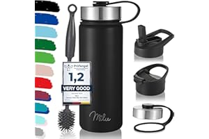 Milu Butelka do picia ze stali nierdzewnej 500ml, 750ml, 1000ml (+3 Lids) - Termos Bottle ze słomką, izolowana butelka wody, Leak Proof izolowana butelka Double Walled, Węglowodany (Czarny, 500 ml)