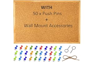 RSE Cork Notice Pin Board Bulletin Vision Boards for Home Bedroom Offices Memo Message Pictures Planner Display Organiser Wood Frame Corkboard - Wall Mount Screws and 50 Push Pins - 400 x 300 mm