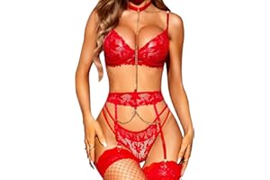 RSLOVE 3-częściowy zestaw bielizny damskiej, koronkowa, seksowna bielizna erotyczna z podwiązkami, biustonosz i stringi z pasami do pończoch
