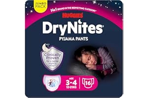 Huggies DryNites Bragas absorbentes para niña 3-5 (16-23 kg), Clínicamente probado con 5 capas de protección nocturna, 16 pañales de noche