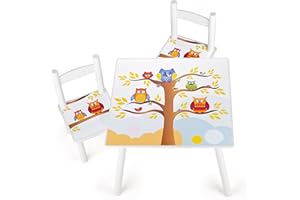Leomark tavolo e 2 sedie in legno, tavolino set da cameretta per bambini, gioco di gruppo in classe, mobili per bambini, stanza dei bambini mobili alta qualità stabile, tema: GUFI