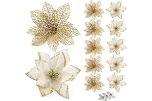 Agoer 24 Flores Artificiales de Navidad para árbol de Navidad, Flores Doradas Brillantes, 15 cm, decoración para Bodas, Fiestas, Navidad