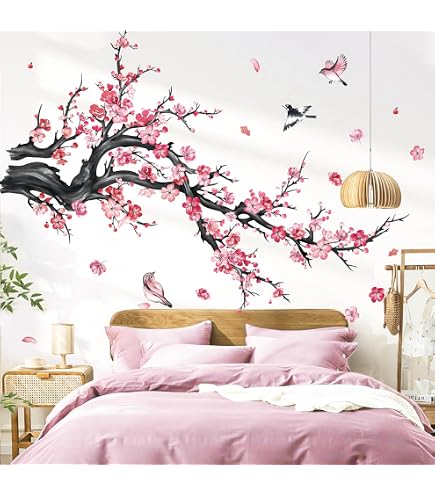 PLIGREAT Kirschblüten-Wandtattoo Set - 31 Stück, Rosa Vögel Auf Baum, DIY Deko Für Schlafzimmer & Wohnzimmer