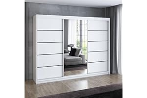 ‎A&J MÖBELLAND A&J MöbelLand Schwebetürenschrank VILANO 2 Kleiderschrank 3-türig 200 cm mit Spiegel, 4 Schubladen & 2 Kleiderstangen, Geräumiger Schlafzimmerschrank (Weiß)