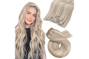 Moresoo Echthaar Extensions Clip Aschblond mit Platinblond Strähnchen Clip in Extensions Echthaar 40 cm 5 Stück 80g Glattes Haar #18/613