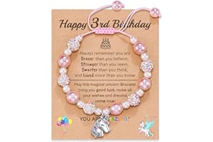POWWA Unicorn Birthday Gifts for 3-10 Year Old Girls, Adjustable Pink Pearl Unicorn Charm Bracelet for Girls Daughter Granddaughter Niece