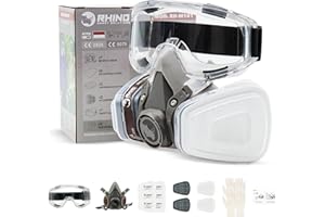 RHINO Smart Solutions Respirador Mascarilla Pintura, Polvo y Gases Orgánicos A1 | Mascara de Proteccion RH-M101 Reutilizable Antipolvo con Gafas de Proteccion, Guantes y Filtro de Carbon Activo