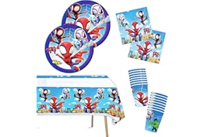 POPOYU Spideman - Set di 53 stoviglie blu per feste di compleanno, per bambini, con piatti di carta da 9 pollici, bicchieri di carta, tovaglioli, tovaglie, set di stoviglie per compleanno, decorazione