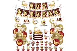 YAYAFUNFUN 44Pcs Eid Ramadan Mubarak Decorations,Red Gold Ramadan Party Set with Eid Mubarak Banners,Ramadan Balloons,Mubarak Cake Toppers,Star Moon Hanging Swirl for Muslim Eid Ramadan Mubarak Party Supplies