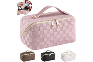 EECH Neceser Maquillaje,Grande Neceser Viaje Mujer de PU Neceser Cuero,Makeup Bag,XXL Organizador Bolsa de Aseo para Maquillaje Necessaire Viajes Accesorios de Mujer(Enrejado-Rosa)