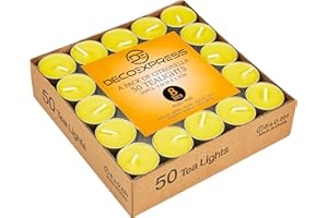 Deco Express Citronella Teelichter, 100er- oder 50er-Pack Duftkerzen Teelichter 4 oder 8 Stunden Brenndauer (Gelb 50/8 Stunden)