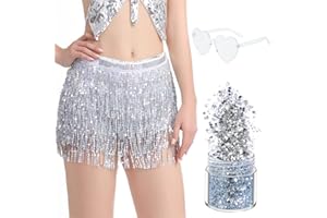Vyqrx 3-Piece Sequin Skirt Set for Women, Glittery Tassel Skirt, Heart Glasses & Body Glitter